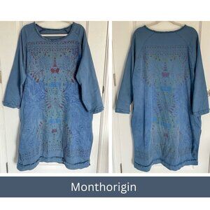 Monthorigin Blue Printed 3/4 Sleeve Frayed Below The Knee Dress - 35809